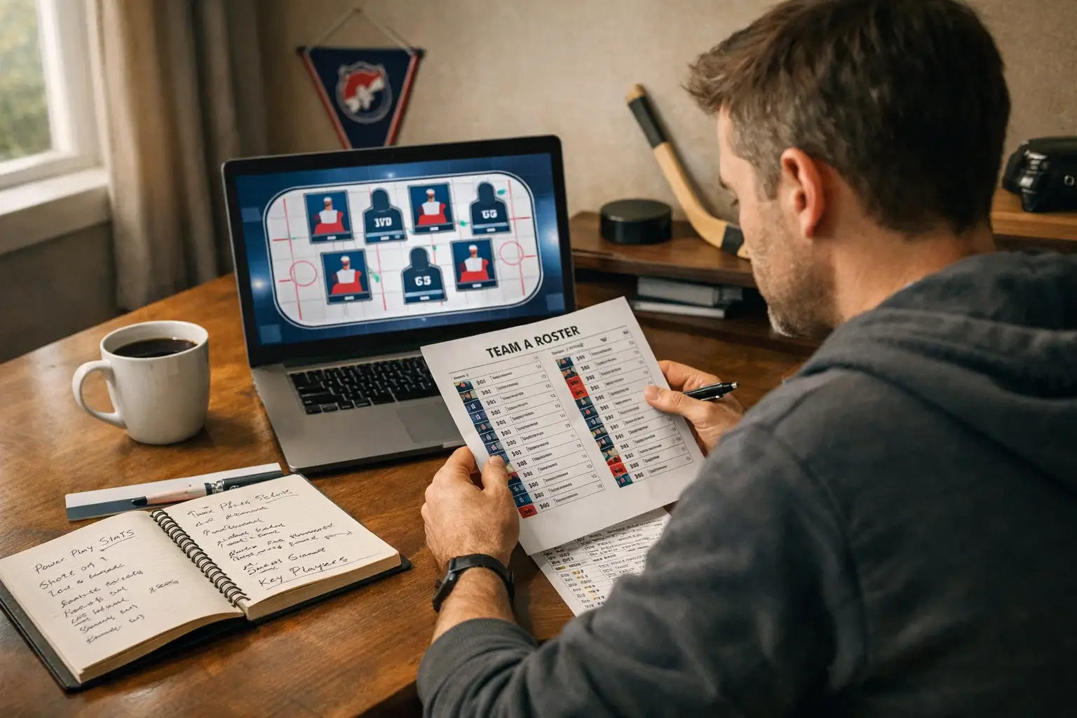 Analytik studující hokejové statistiky a sestavy před zápasem