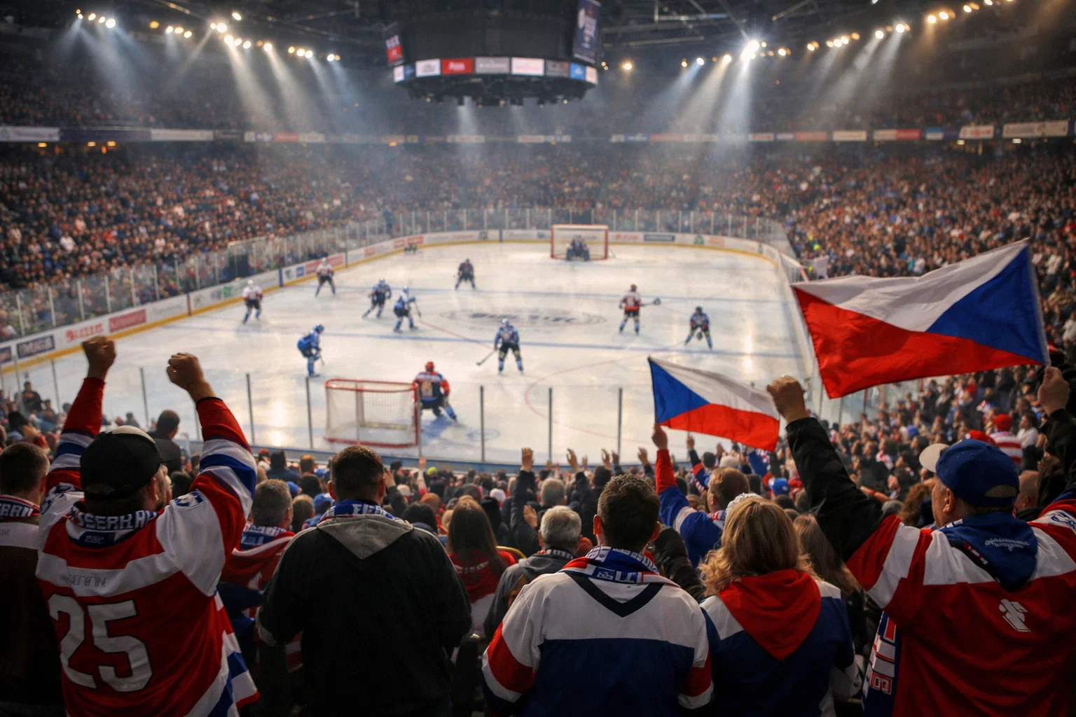 Zaplněný hokejový stadion během zápasu české extraligy s fanoušky v dresech
