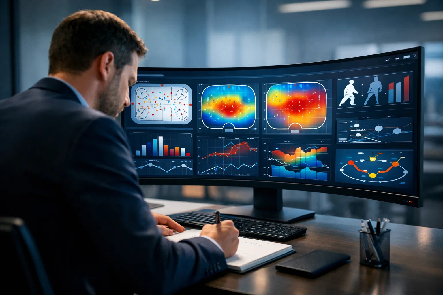 Analytik studující hokejové statistiky na velkém monitoru s grafy a tabulkami