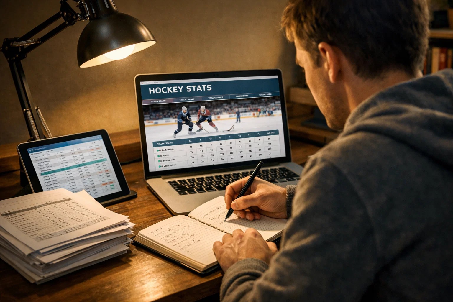 Soustředěný člověk analyzující hokejové statistiky na notebooku s poznámkovým blokem