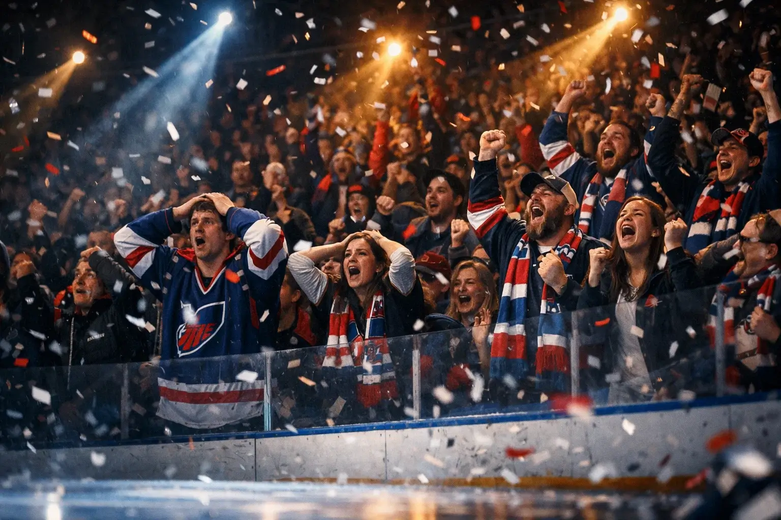Intenzivní atmosféra hokejového playoff zápasu v zaplněné aréně