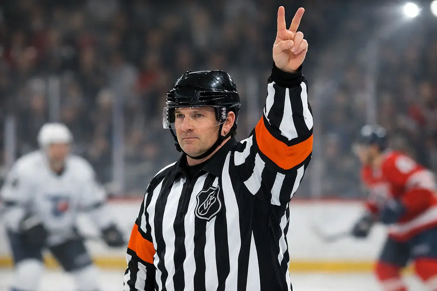 Hokejový rozhodčí signalizující vyloučení během zápasu extraligy