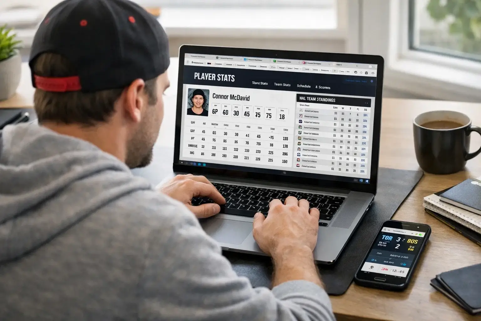 Fanoušek analyzující hokejové statistiky a výsledky na notebooku
