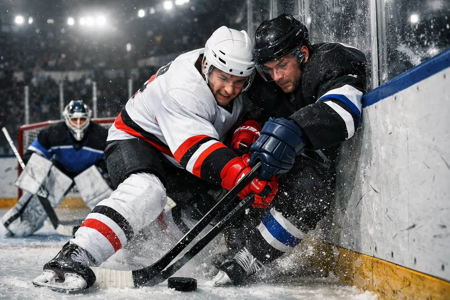 Dramatický moment během play-off NHL s hráči bojujícími o Stanley Cup